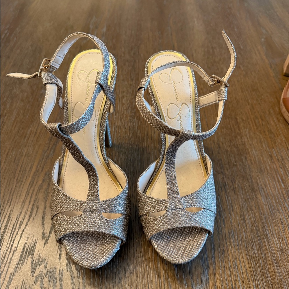 Jessica Simpson Gold T-Strap Heels - Picture 2 of 5